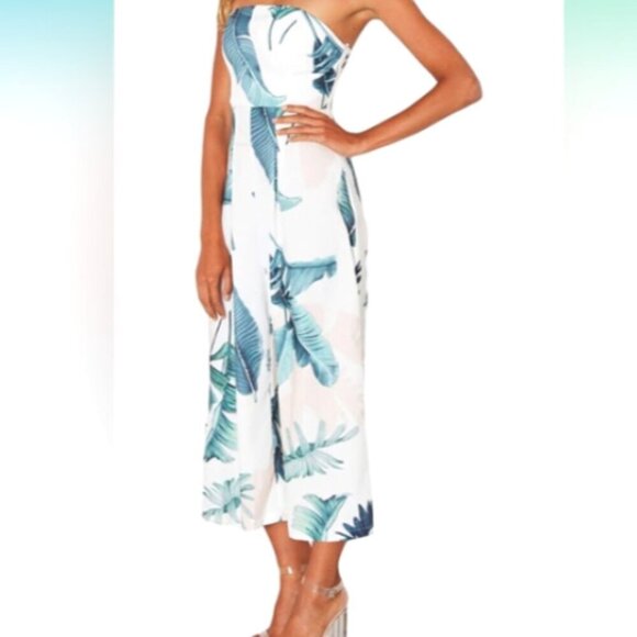 Eiffel Strapless Wide Leg Jumpsuit Sz L Tropical Floral Palm Leave Print 121A - Picture 2 of 11
